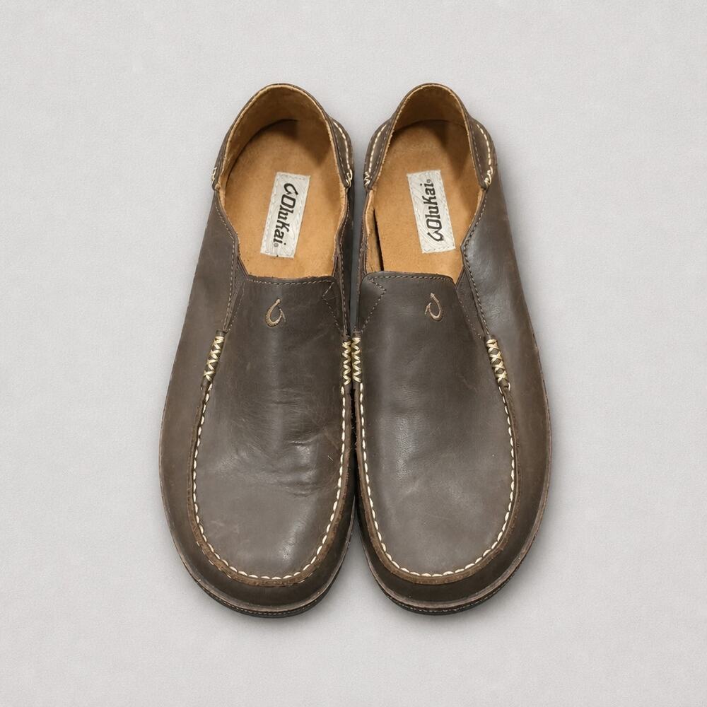 OluKai Moloa Men 11 Brown Leather Slip On Loafer Shoes Drop In Heel 10128-6348